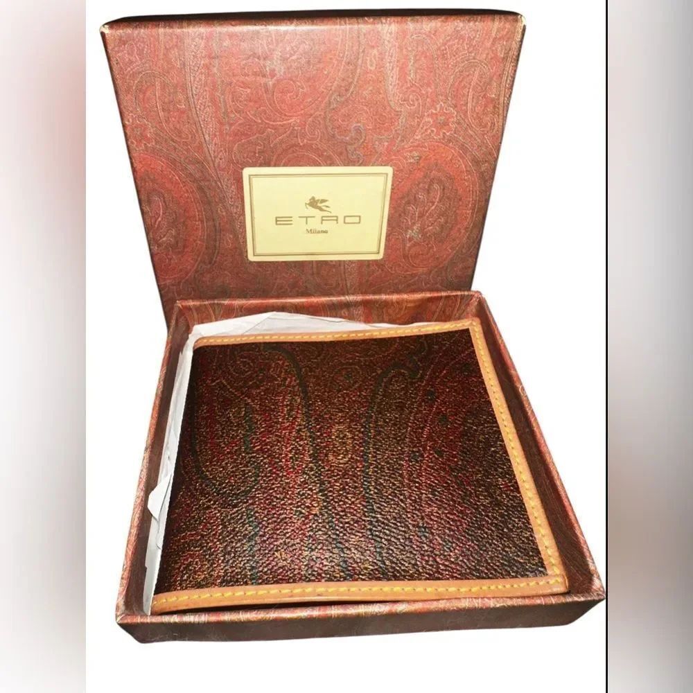 Etro Paisley Leather Wallet in Rich Brown and Red